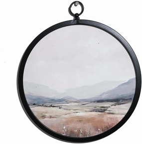 XIAOAIKA 10 Inch Round Wall Art with Misty Mountain View, Textured Paper Print Backed with Wood and Black Metal Frame, Neutral Nature Decor for Living Room or Office