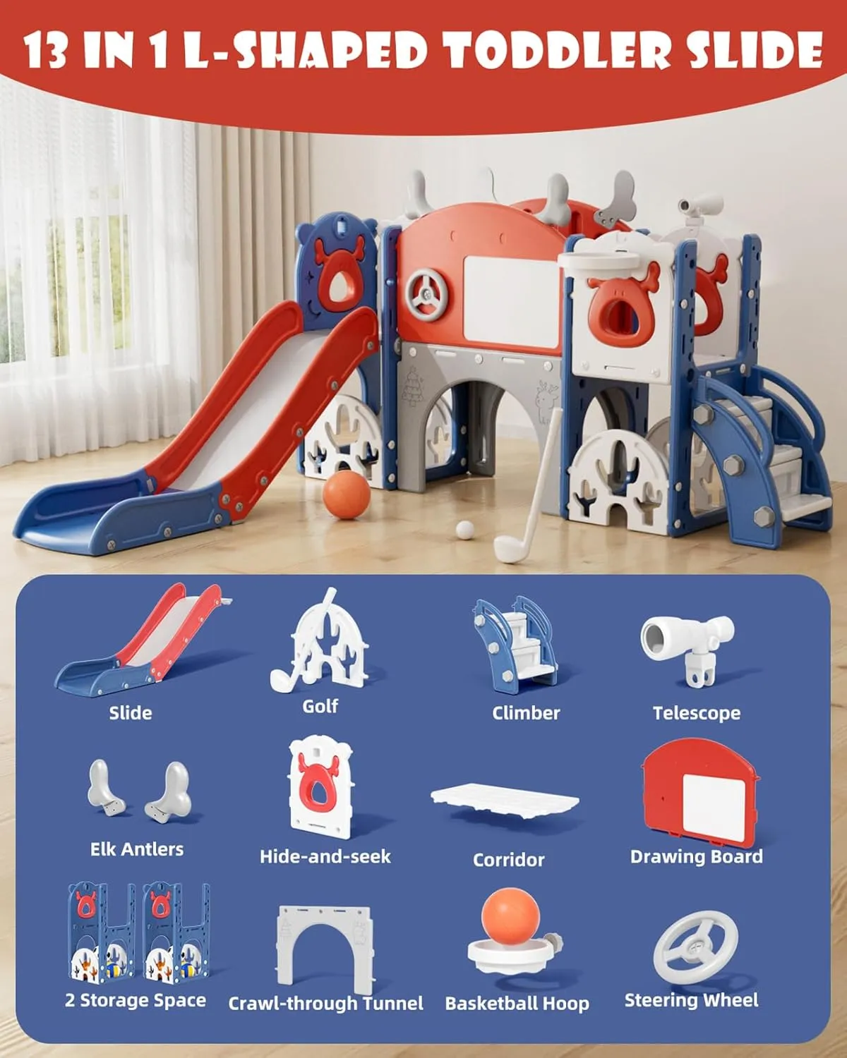 XJD 13 in 1 Toddler Slide Set, Kids Slide for Toddlers Age 1 , New Upgrade with Golf Set, Basketball Hoop, Drawing Board for Indoor Outdoor Playset,Toddler Playground (Blue Red)