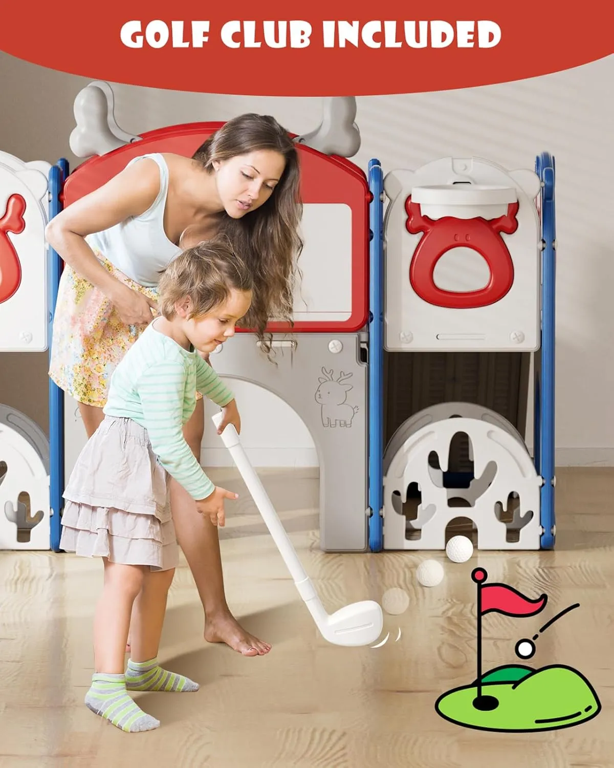 XJD 13 in 1 Toddler Slide Set, Kids Slide for Toddlers Age 1 , New Upgrade with Golf Set, Basketball Hoop, Drawing Board for Indoor Outdoor Playset,Toddler Playground (Blue Red)