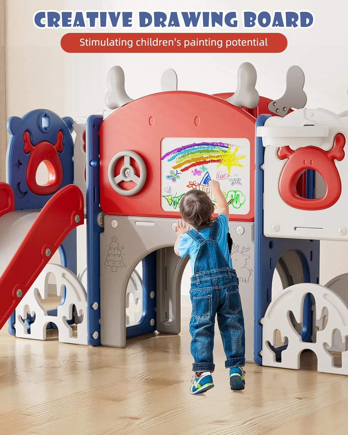 XJD 13 in 1 Toddler Slide Set, Kids Slide for Toddlers Age 1 , New Upgrade with Golf Set, Basketball Hoop, Drawing Board for Indoor Outdoor Playset,Toddler Playground (Blue Red)