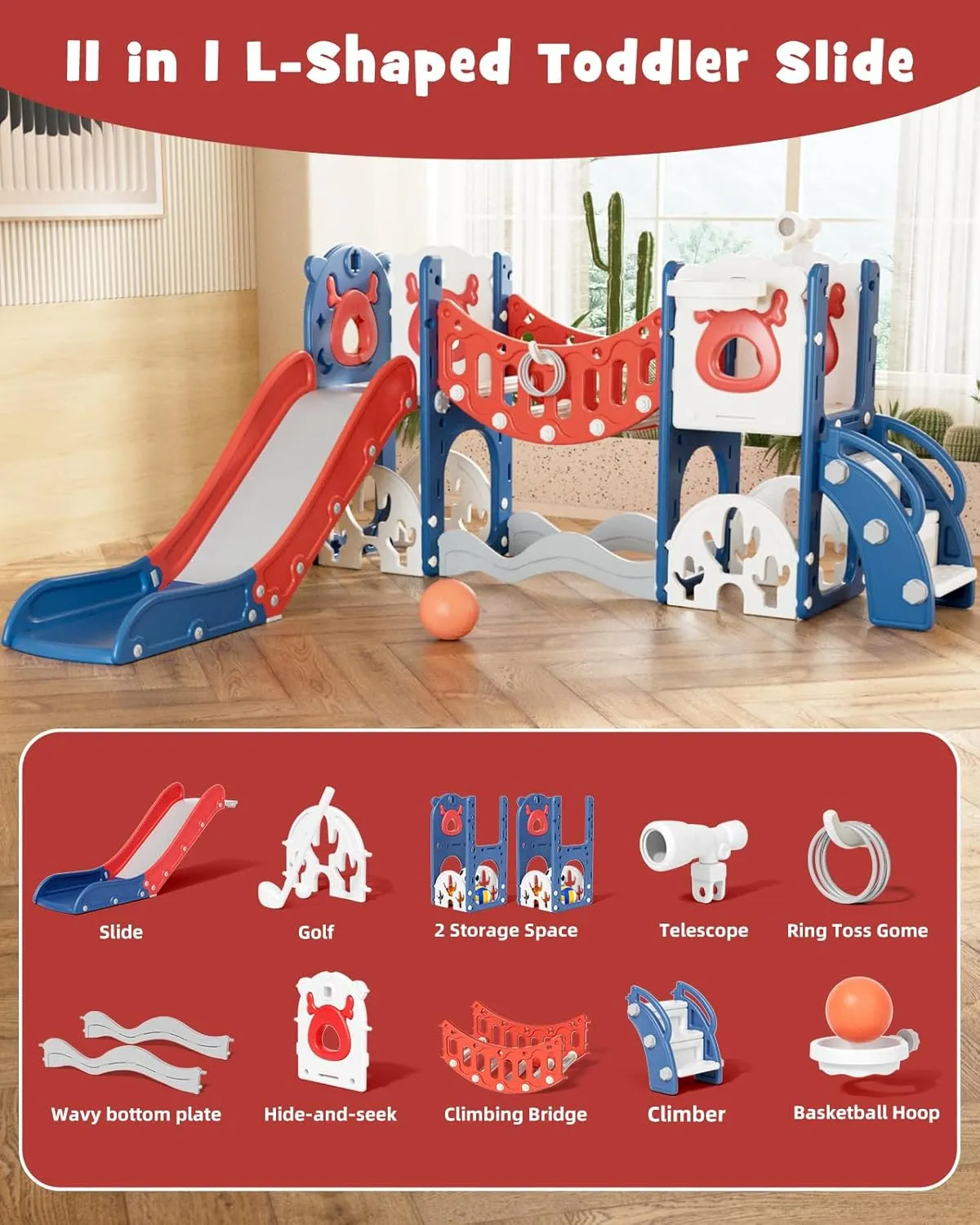 XJD Toddler Slide,11 in 1 Kids Slide for Toddlers 1-3, Toddler Climbing Toys,New Upgrade with Golf Set, Basketball Hoop for Indoor Outdoor Playset (Blue Red)