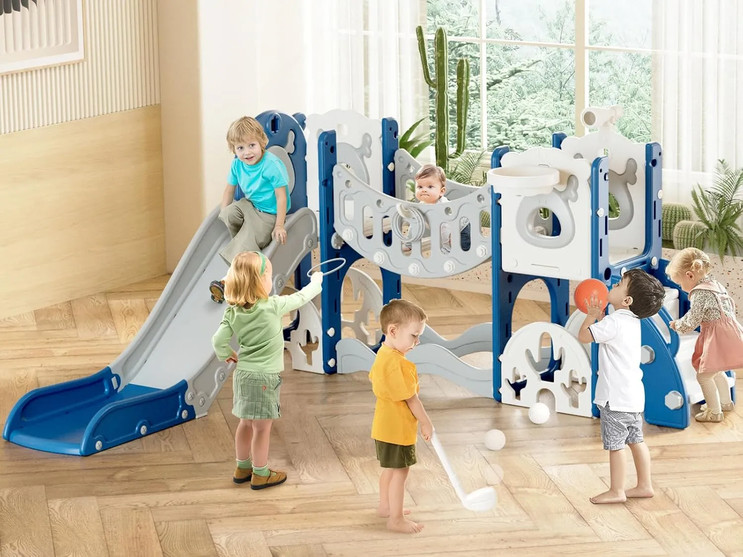 XJD Toddler Slide,11 in 1 Kids Slide for Toddlers 1-3, Toddler Climbing Toys,New Upgrade with Golf Set, Basketball Hoop for Indoor Outdoor Playset (Blue)
