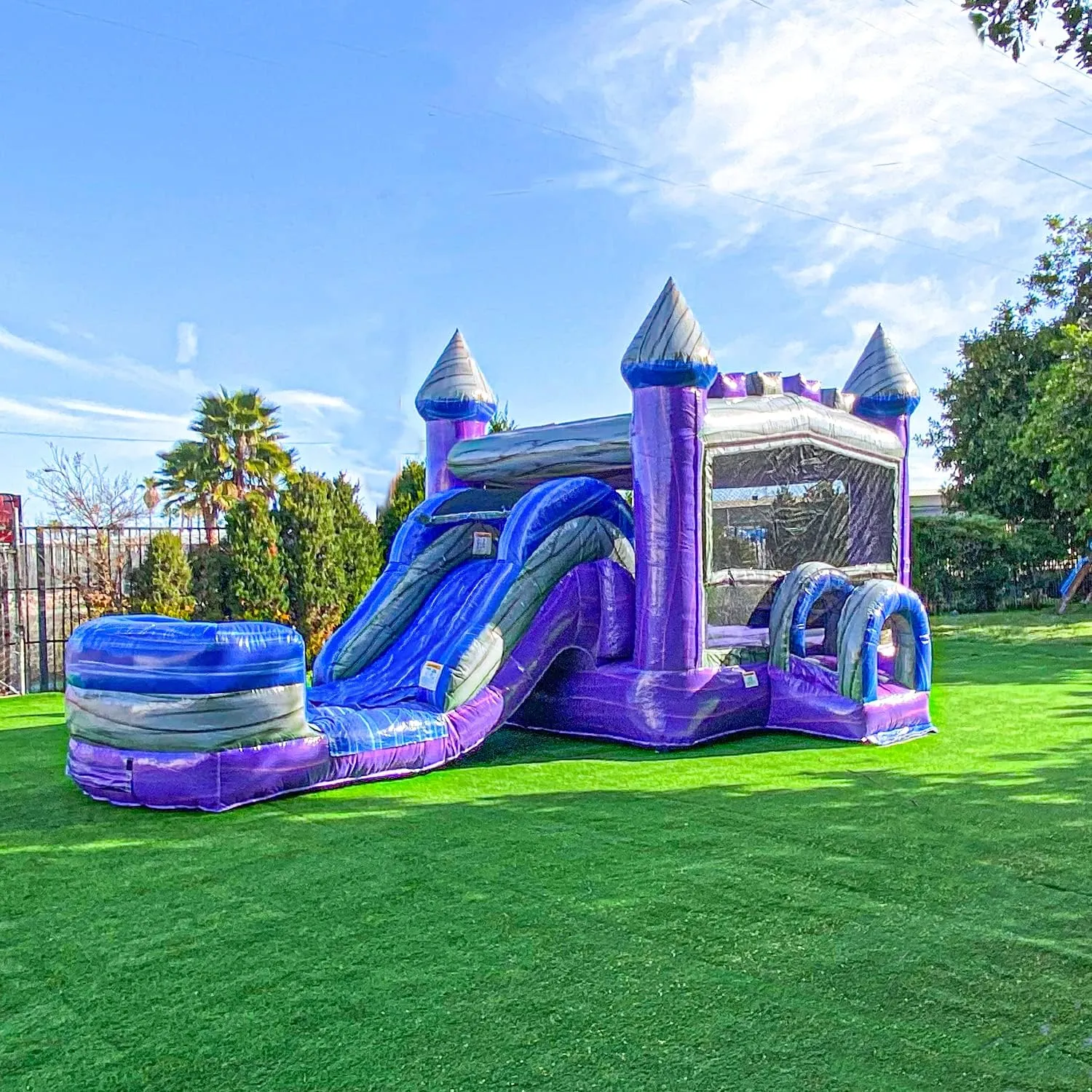 XJUMP Purplish Castle Commercial Grade Premium Marble Color Lightweight Bounce House Water Slide Detachable Pool for Kids and Adults with Blower Basketball Hoop Wet Dry Combo Outdoor Indoor