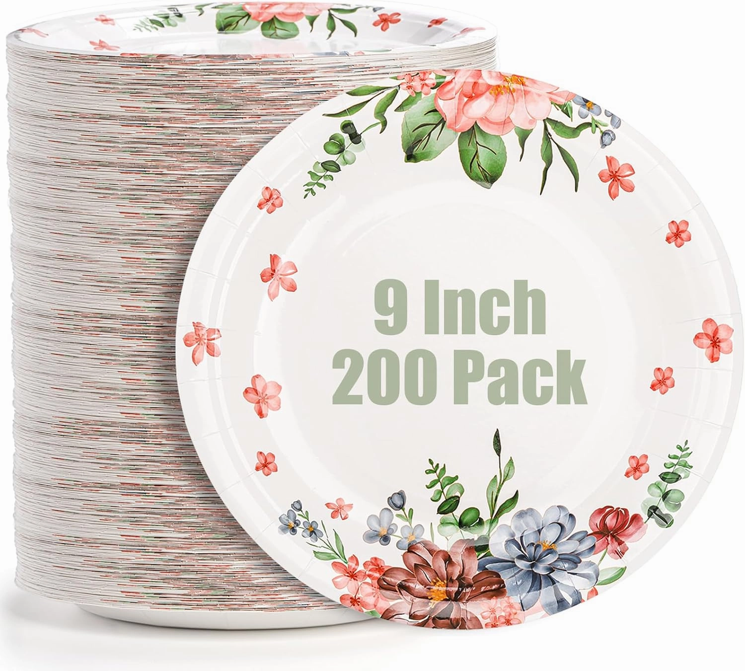 yarlung 200 Pack 9 Inch Disposable Paper Plates, Soak Proof Light Dinner Paper Plates Bulk Floral Printed Disposable Plates for Lunch, Salads, Parties Picnics and Everyday Use, Cut Resistant