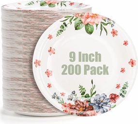 yarlung 200 Pack 9 Inch Disposable Paper Plates, Soak Proof Light Dinner Paper Plates Bulk Floral Printed Disposable Plates for Lunch, Salads, Parties Picnics and Everyday Use, Cut Resistant