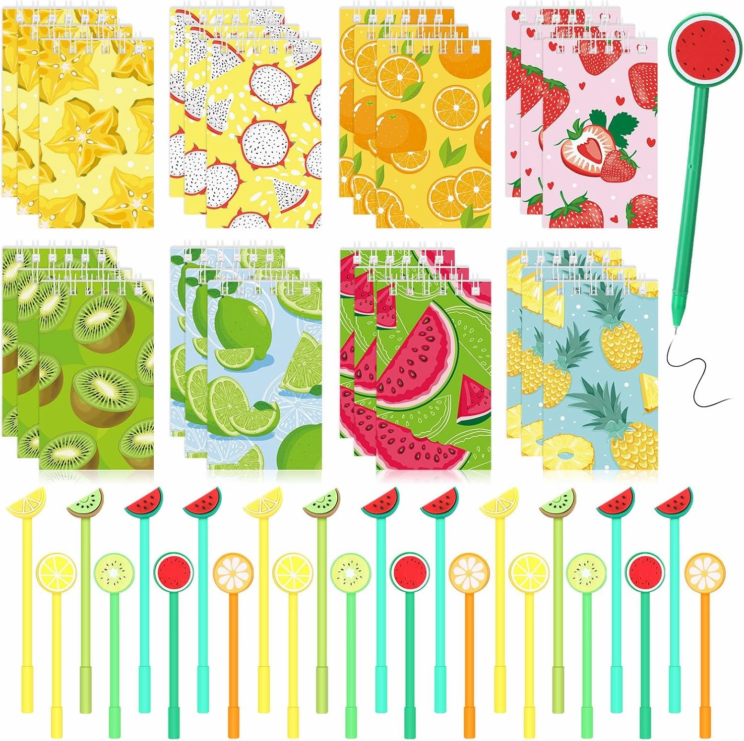 Yeaqee 48 Pieces Fruit Mini Notebooks and Ballpoint Pens Summer Fruit Them Party Favors Cute Journal and Pens Set Piñata Fillers Gifts for Kids Adults School Office Party Supplies Classroom Prizes