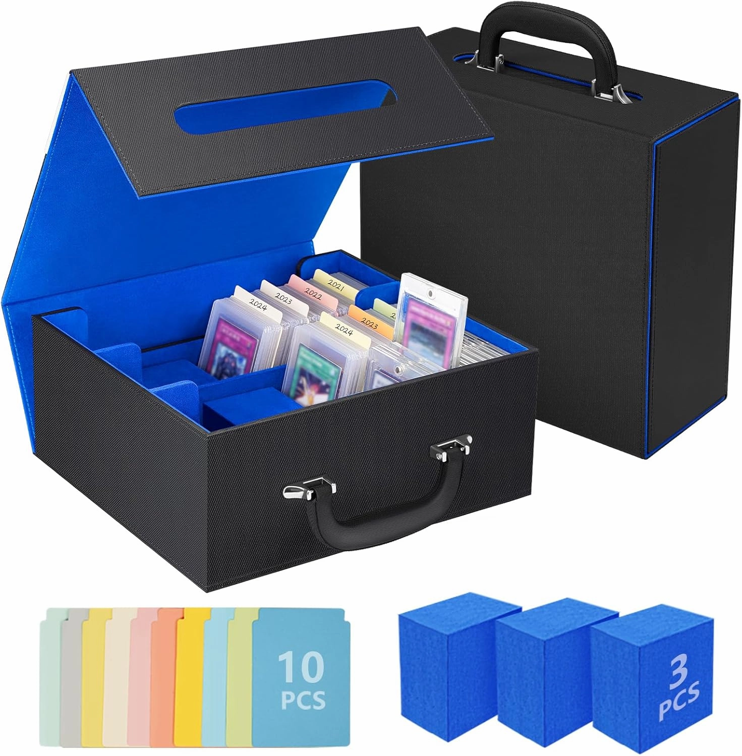 Ytonet Trading Card Storage Box for Top Loader, 1800  MTG Deck Box with Handle, Toploader Storage Boxes Holder Fits for Magnetic Game Card, YuGiOh and Sports Cards, MTG TCG Collector Gift, Black Blue