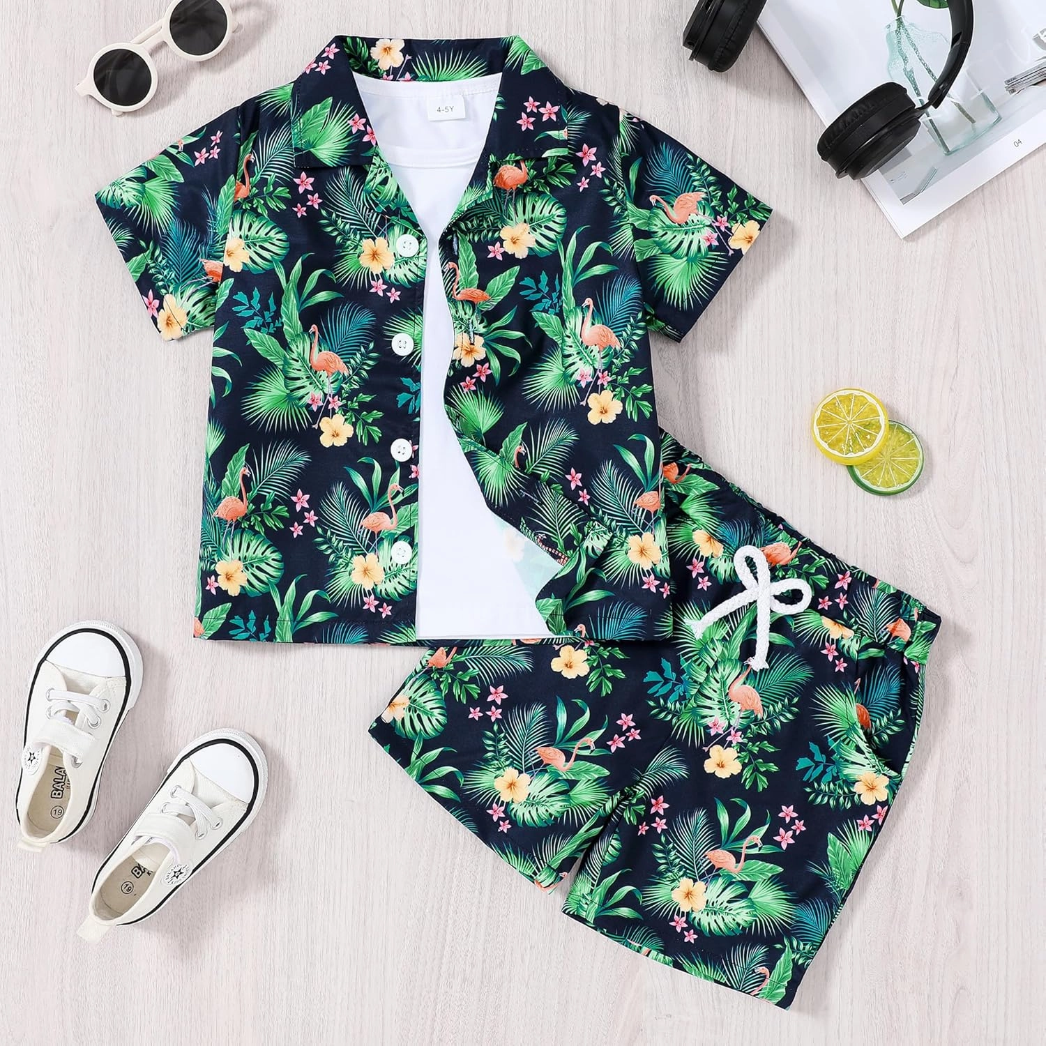 YUEMION Boys Hawaiian Outfit 2Pcs Set Summer Beach Button-Down Shirt Top   Shorts for Kids 2-9 Years