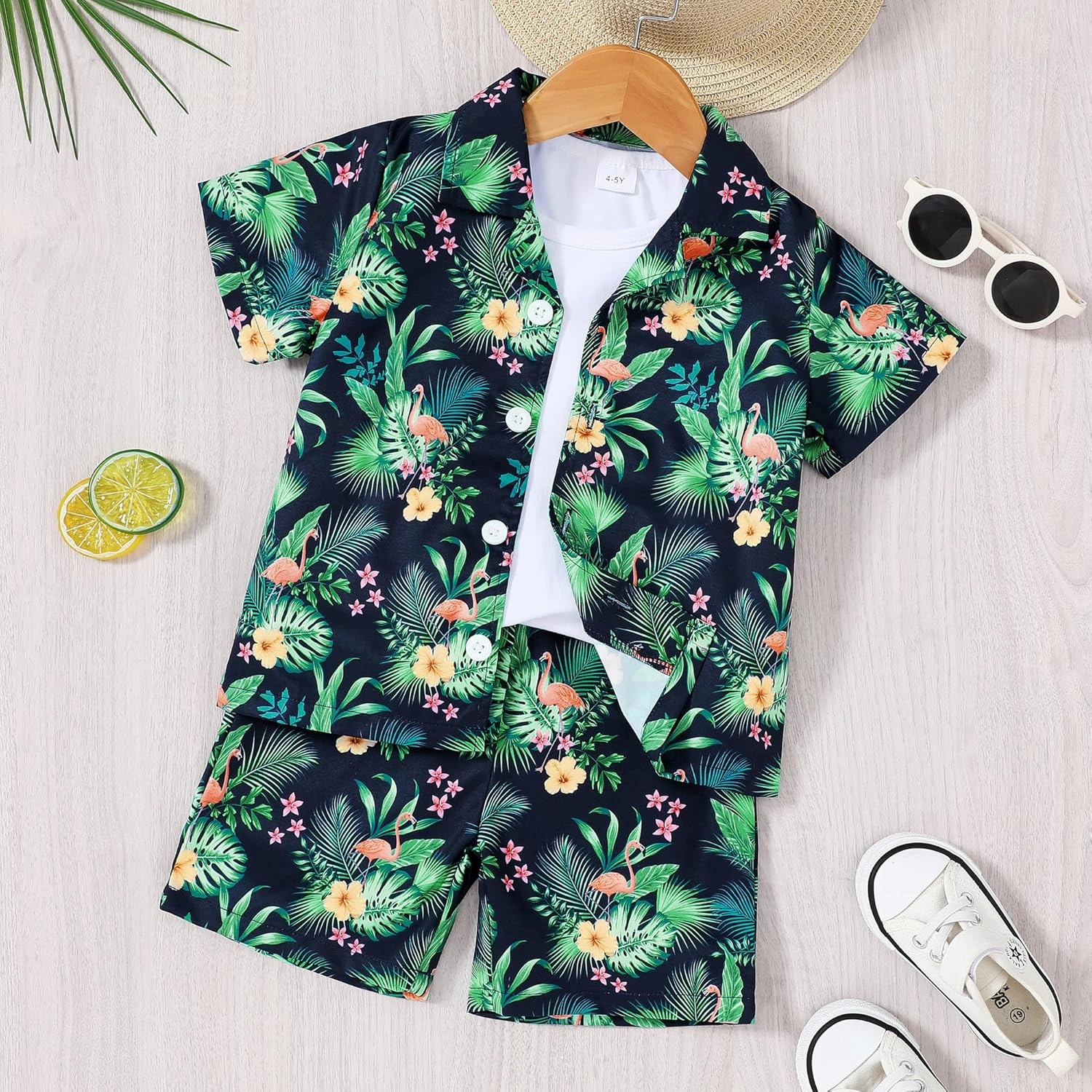 YUEMION Boys Hawaiian Outfit 2Pcs Set Summer Beach Button-Down Shirt Top   Shorts for Kids 2-9 Years