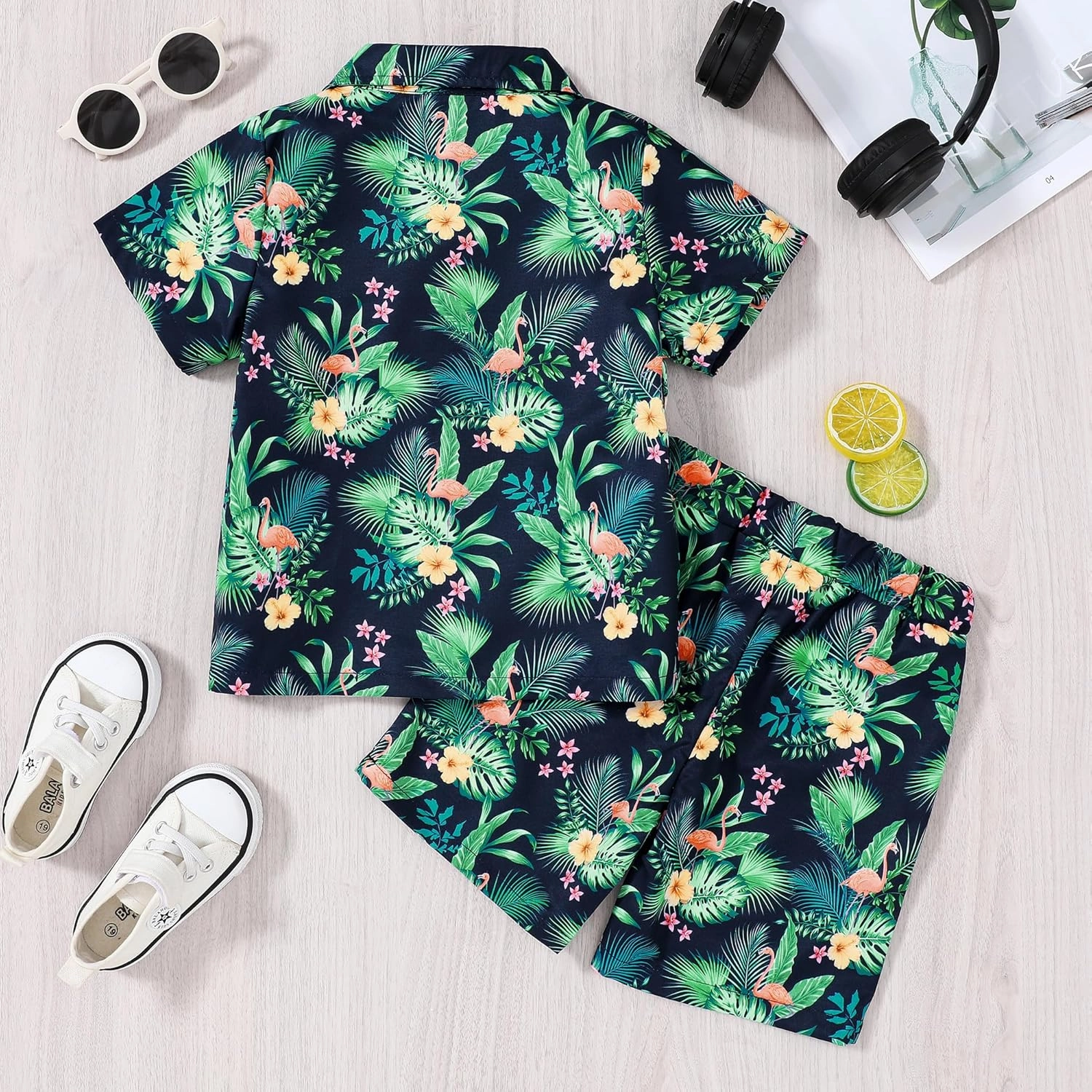 YUEMION Boys Hawaiian Outfit 2Pcs Set Summer Beach Button-Down Shirt Top   Shorts for Kids 2-9 Years