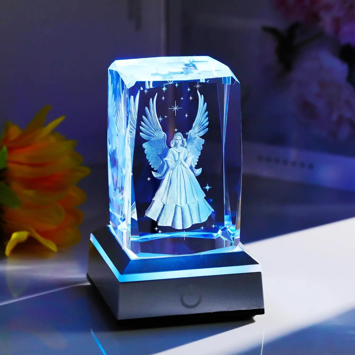 YWHL 3D Crystal Guardian Angel Figurine with Colorful Light Base, Laser Engraved Glass Angel Gifts, Collectible Figurines