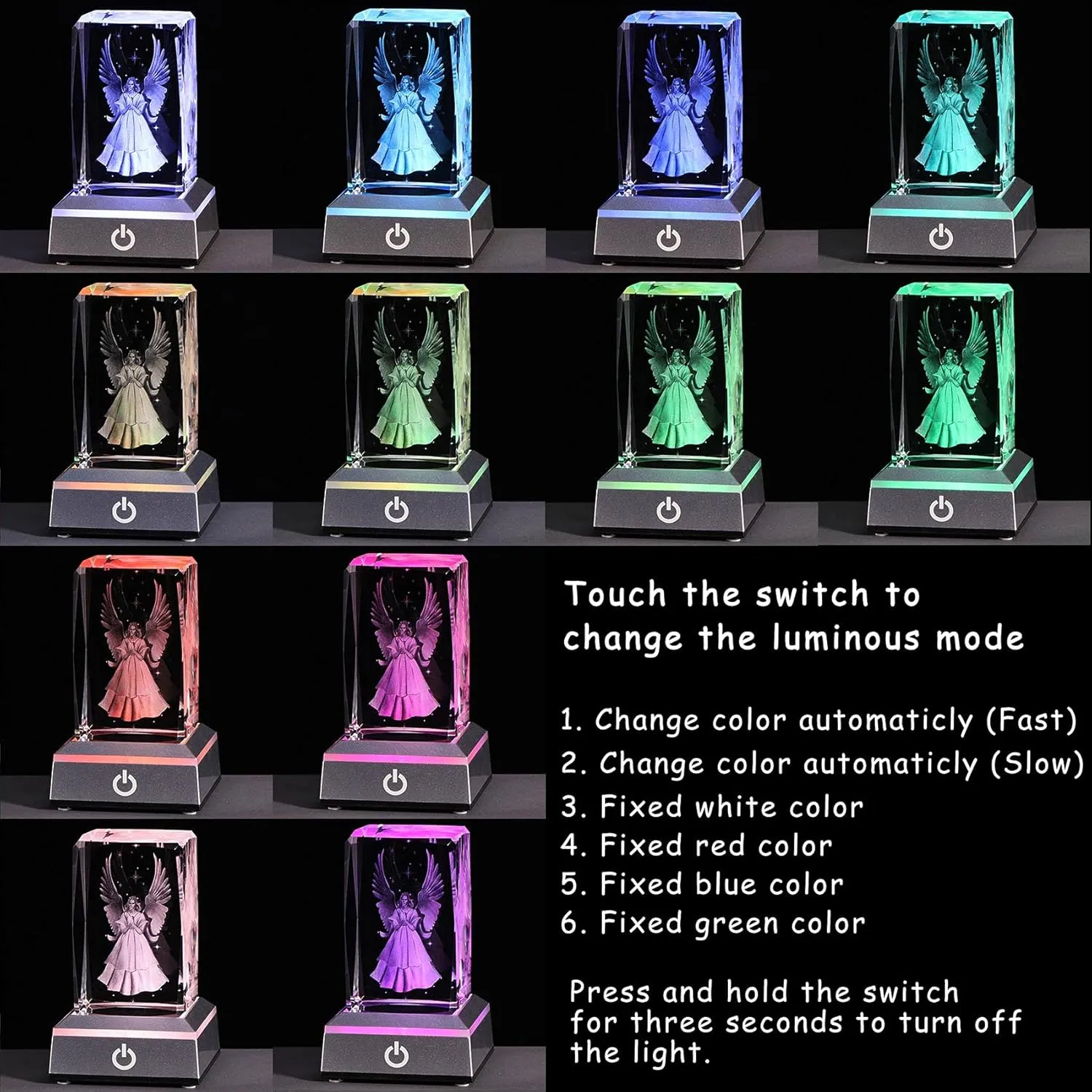 YWHL 3D Crystal Guardian Angel Figurine with Colorful Light Base, Laser Engraved Glass Angel Gifts, Collectible Figurines