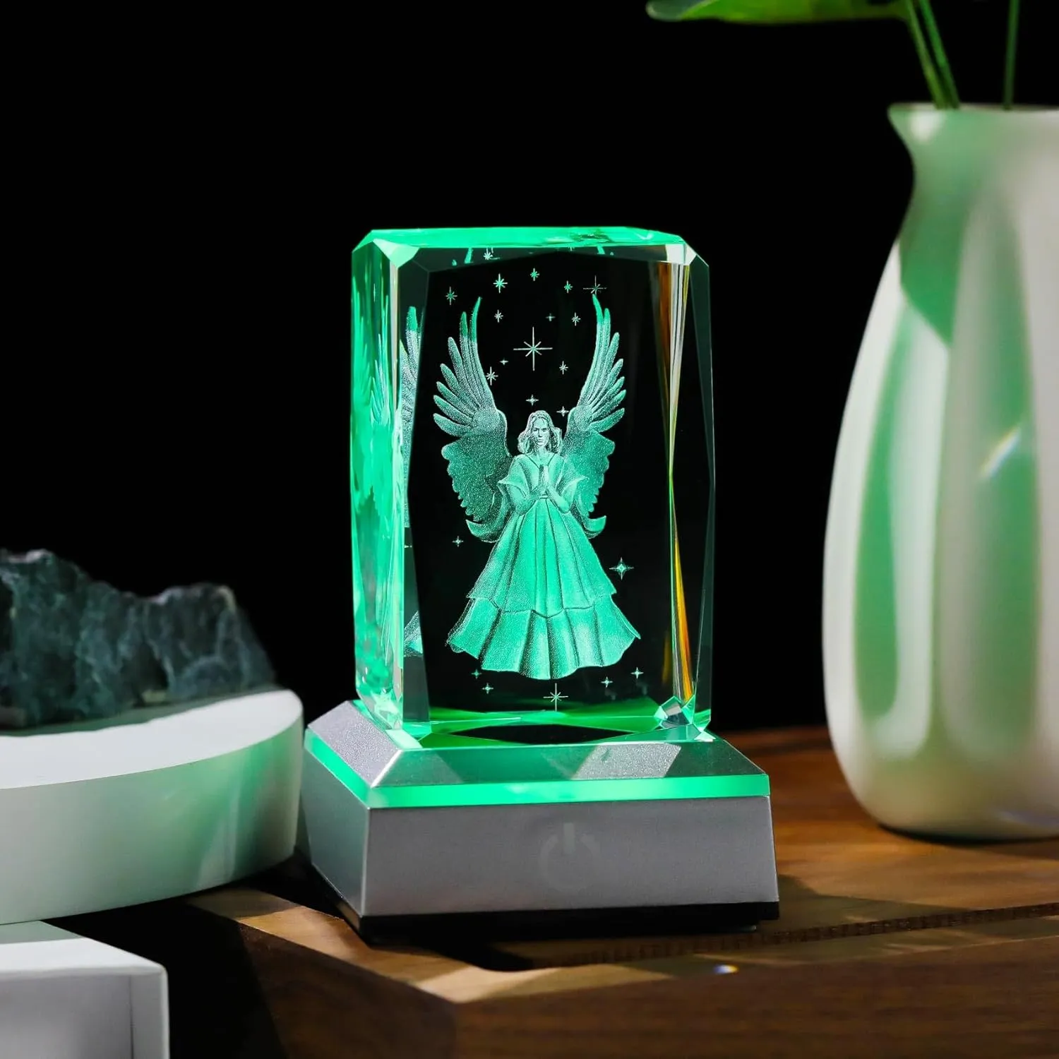 YWHL 3D Crystal Guardian Angel Figurine with Colorful Light Base, Laser Engraved Glass Angel Gifts, Collectible Figurines