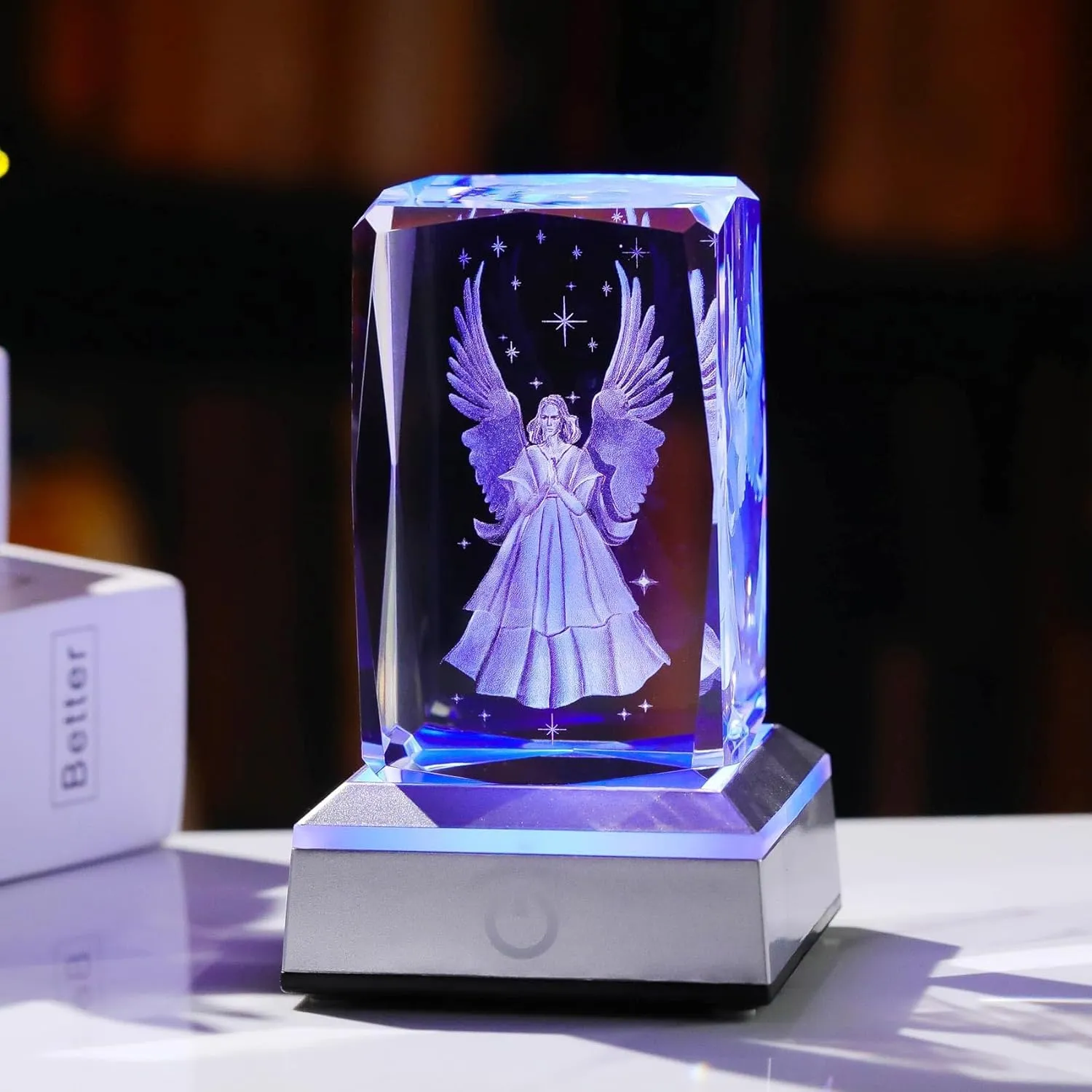 YWHL 3D Crystal Guardian Angel Figurine with Colorful Light Base, Laser Engraved Glass Angel Gifts, Collectible Figurines