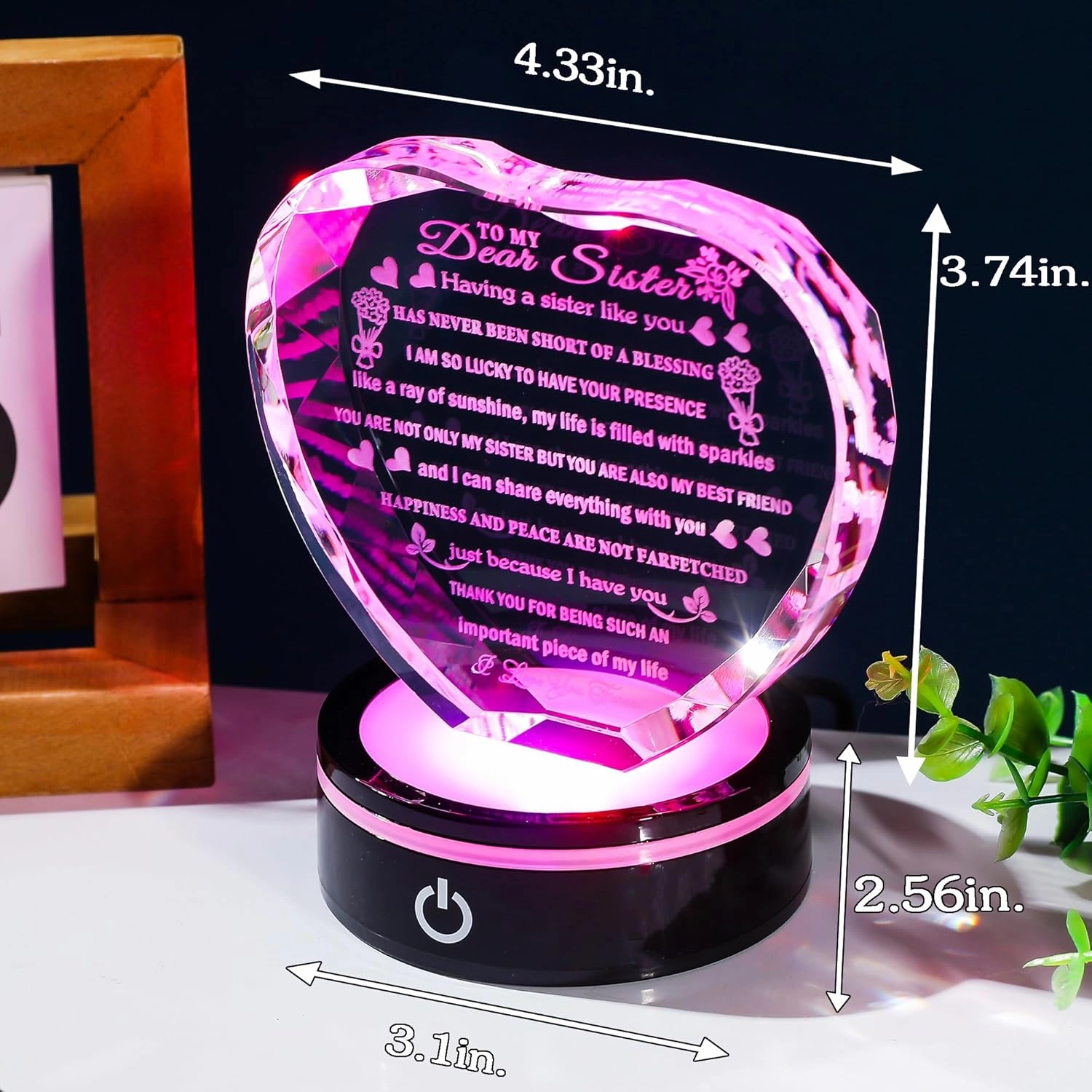 YWHL Sister Gifts from Sister Brother with Colorful LED Base to My Sister Heart Crystal Keepsakes for Sisters Birthday Gift Idea Meaningful Sister Gifts for Women on Christmas Valentine Day