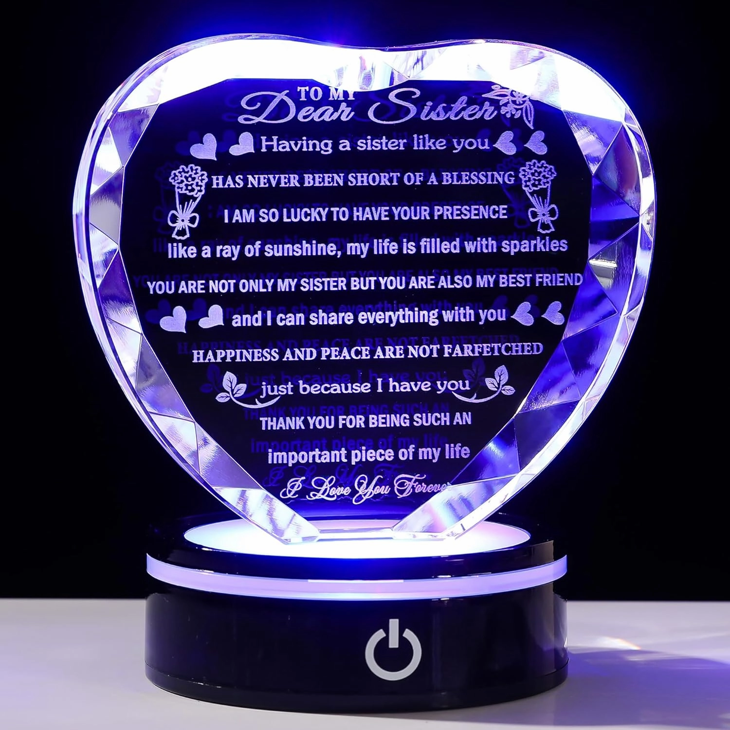 YWHL Sister Gifts from Sister Brother with Colorful LED Base to My Sister Heart Crystal Keepsakes for Sisters Birthday Gift Idea Meaningful Sister Gifts for Women on Christmas Valentine Day