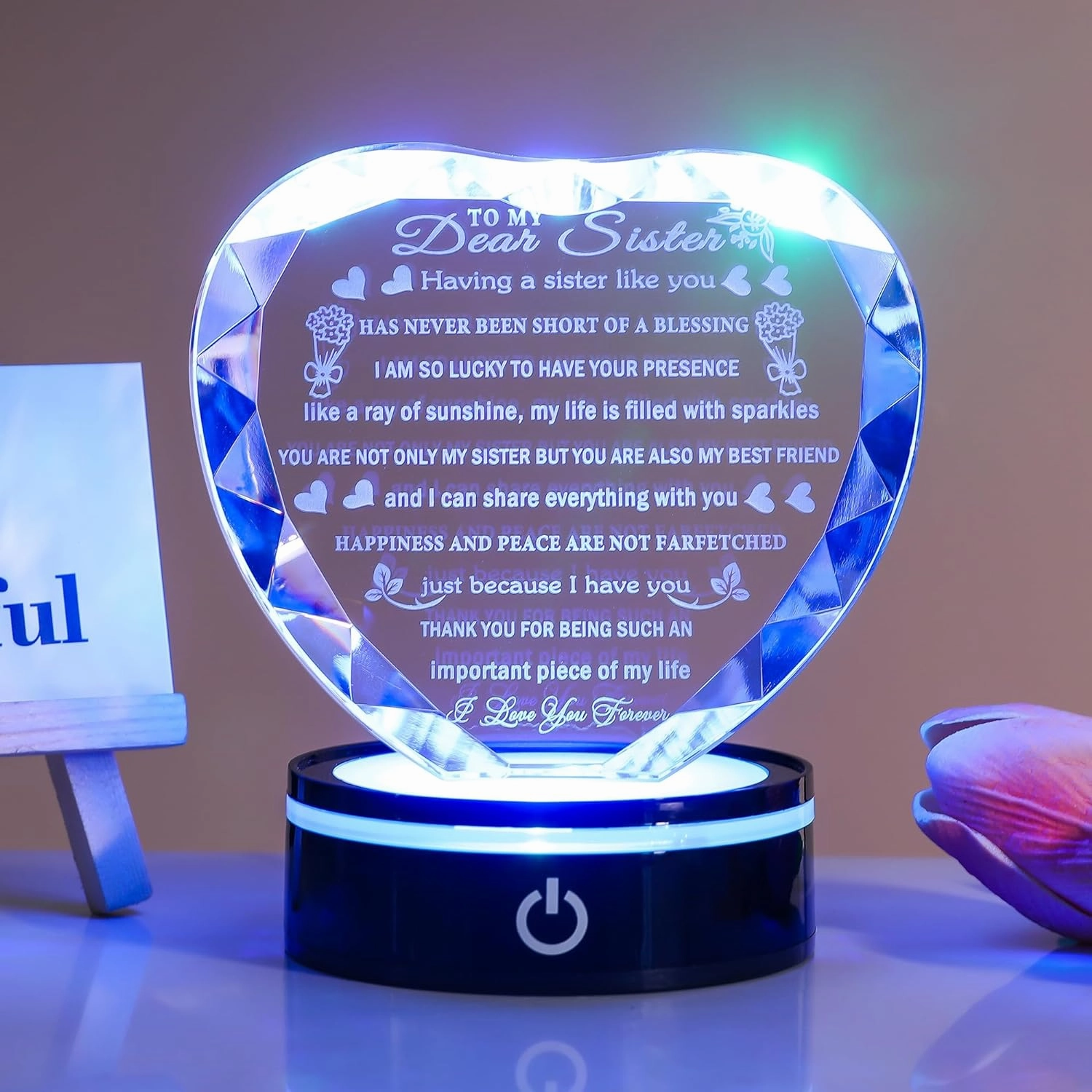 YWHL Sister Gifts from Sister Brother with Colorful LED Base to My Sister Heart Crystal Keepsakes for Sisters Birthday Gift Idea Meaningful Sister Gifts for Women on Christmas Valentine Day