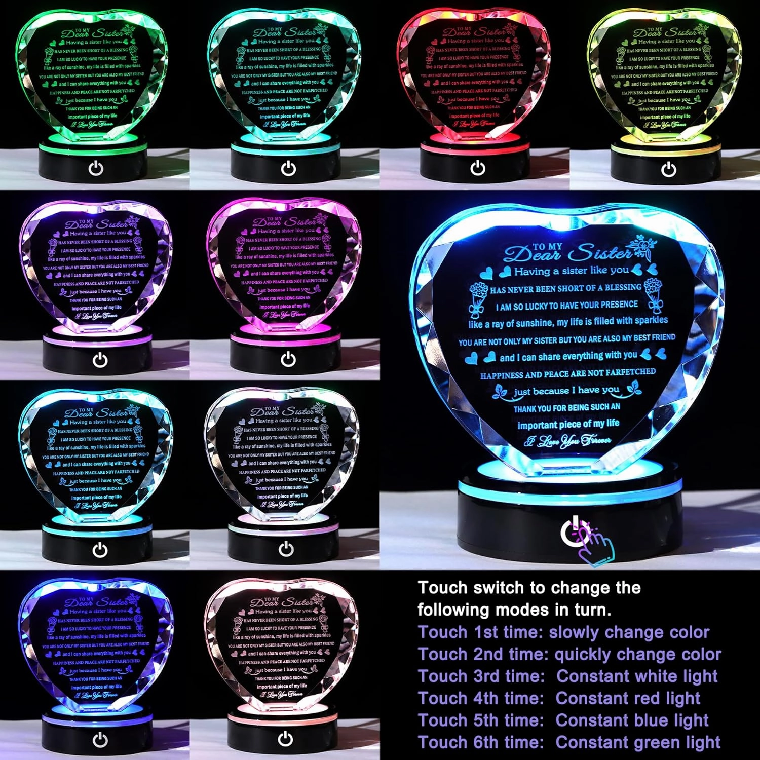 YWHL Sister Gifts from Sister Brother with Colorful LED Base to My Sister Heart Crystal Keepsakes for Sisters Birthday Gift Idea Meaningful Sister Gifts for Women on Christmas Valentine Day