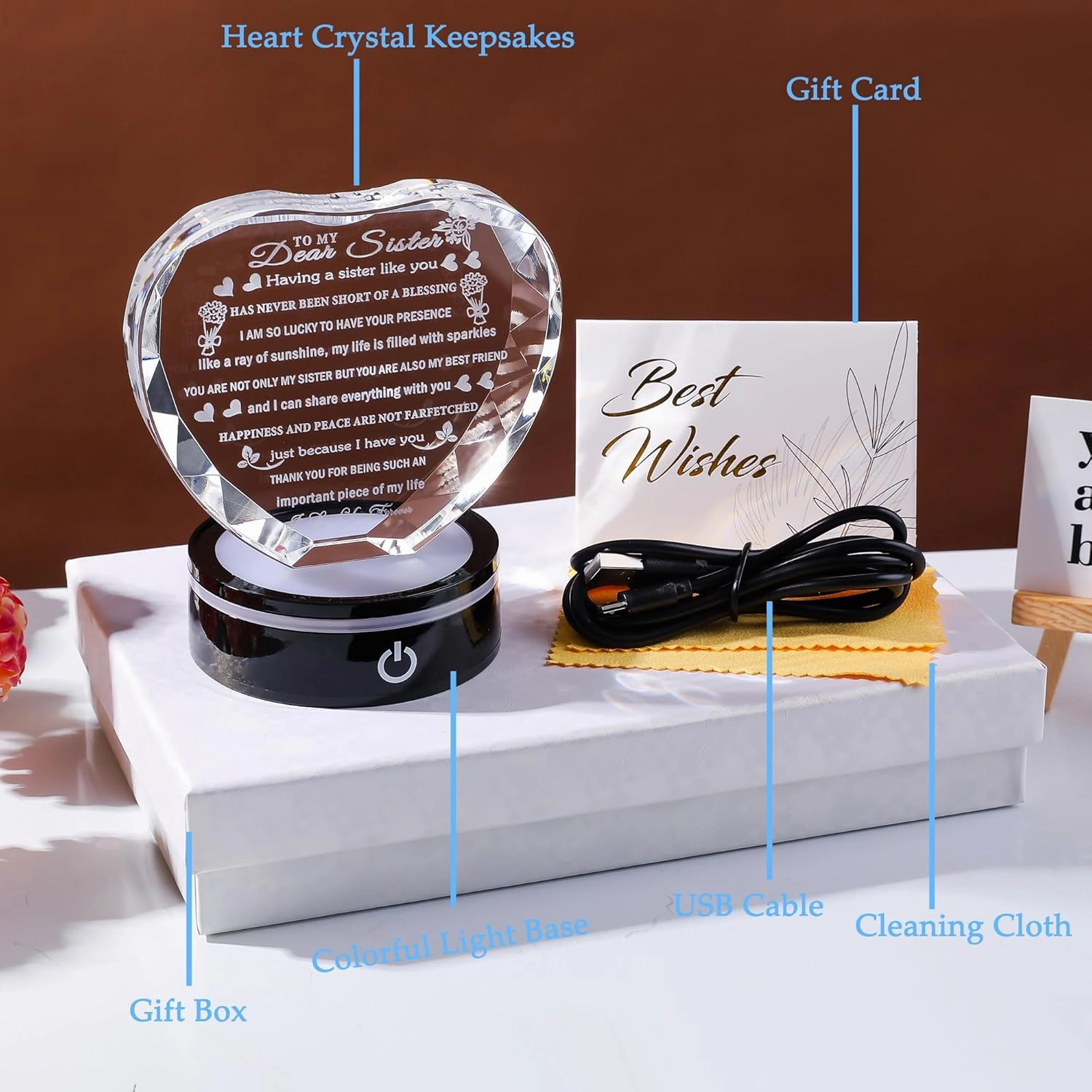 YWHL Sister Gifts from Sister Brother with Colorful LED Base to My Sister Heart Crystal Keepsakes for Sisters Birthday Gift Idea Meaningful Sister Gifts for Women on Christmas Valentine Day