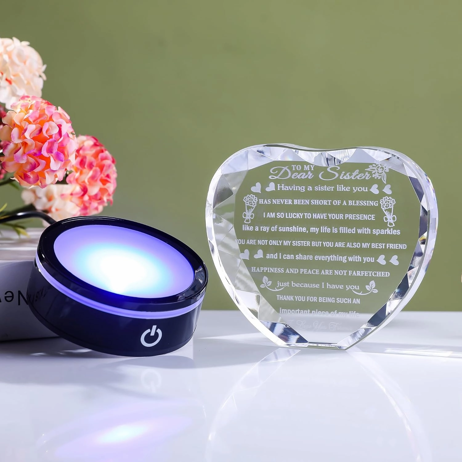 YWHL Sister Gifts from Sister Brother with Colorful LED Base to My Sister Heart Crystal Keepsakes for Sisters Birthday Gift Idea Meaningful Sister Gifts for Women on Christmas Valentine Day