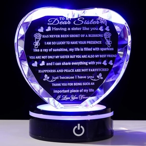 YWHL Sister Gifts from Sister Brother with Colorful LED Base to My Sister Heart Crystal Keepsakes for Sisters Birthday Gift Idea Meaningful Sister Gifts for Women on Christmas Valentine Day