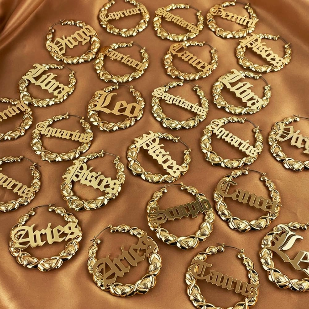 Zodiac Bamboo Hoop Earrings with Old English Font for Women Girls Astrology Earrings Fashion Jewelry 14K Gold Plated 90's Earrings for Women Hip Hop Style Party Accessory