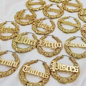 Zodiac Bamboo Hoop Earrings with Old English Font for Women Girls Astrology Earrings Fashion Jewelry 14K Gold Plated 90's Earrings for Women Hip Hop Style Party Accessory