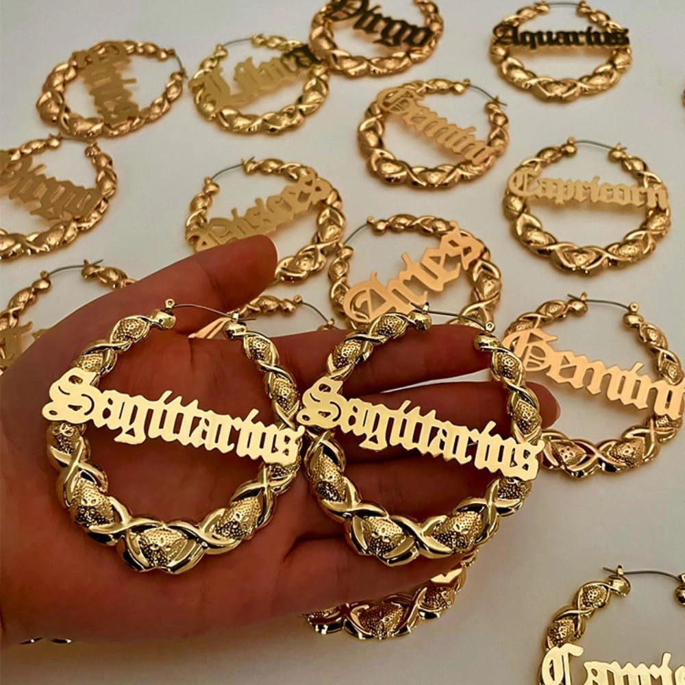 Zodiac Bamboo Hoop Earrings with Old English Font for Women Girls Astrology Earrings Fashion Jewelry 14K Gold Plated 90's Earrings for Women Hip Hop Style Party Accessory