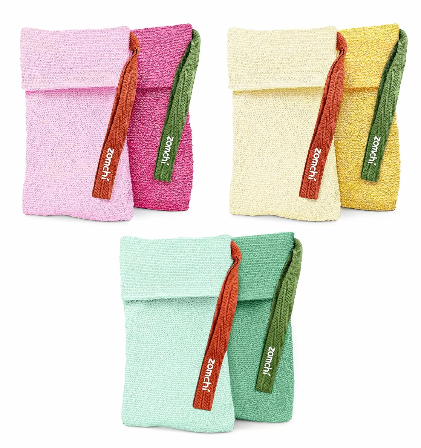 ZOMCHI 6 Pack Colorful Soap Exfoliating Bags, Dual Texture Scrub Pouches – Mint, Yellow & Pink