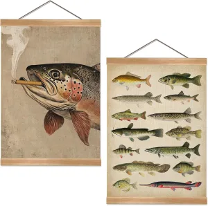 ZTGDA Funny Fish Poster Rainbow Trout Decor,Vintage Fish Wall Poster,Linen Canvas Hanging Wall Art,Rustic Fishing Decor for Cabin, Man Cave, Bar & Lake House Set of 2, 12x16 Inch (Fishx2)